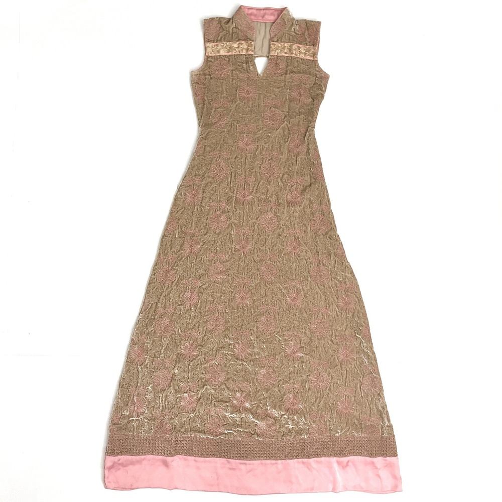 Whimsigoth Sleeveless Maxi Dress Velvet Pink Floral Embroidery Small Coquette.